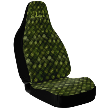 A custom car seat cover with a geometric pattern in green and black colors, branded with 'Chokefish'.
